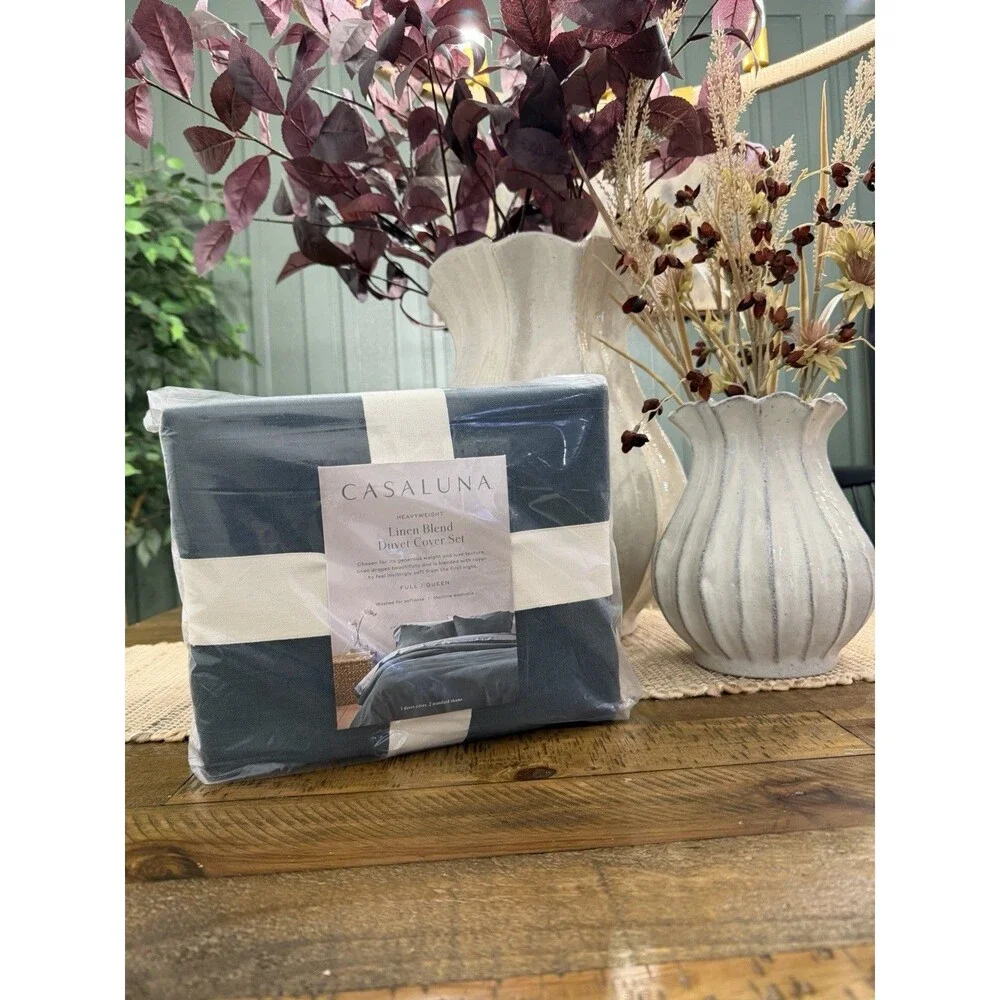 Full/Queen Heavyweight Linen Blend Duvet Cover & Sham Set Dark Teal - Casaluna